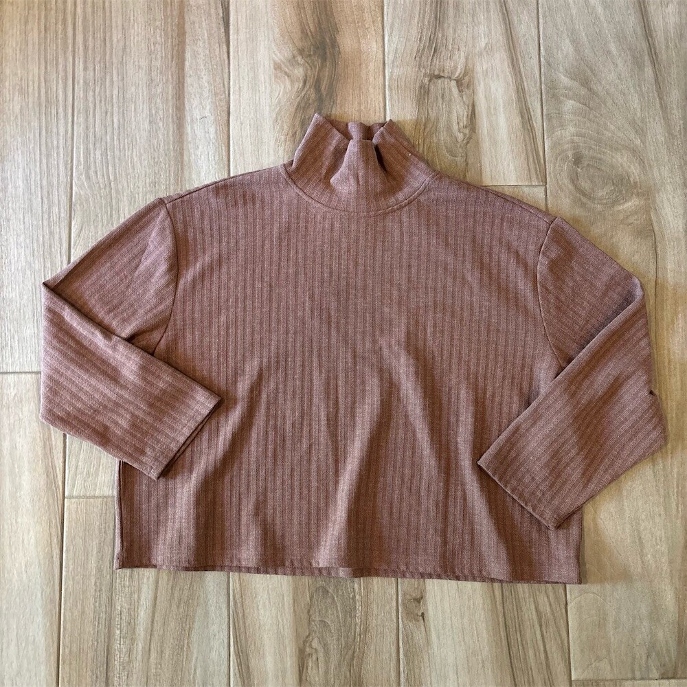 Loveriche Sweater Womens Size L Brown Ribbed Mock Neck Cropped Pullover